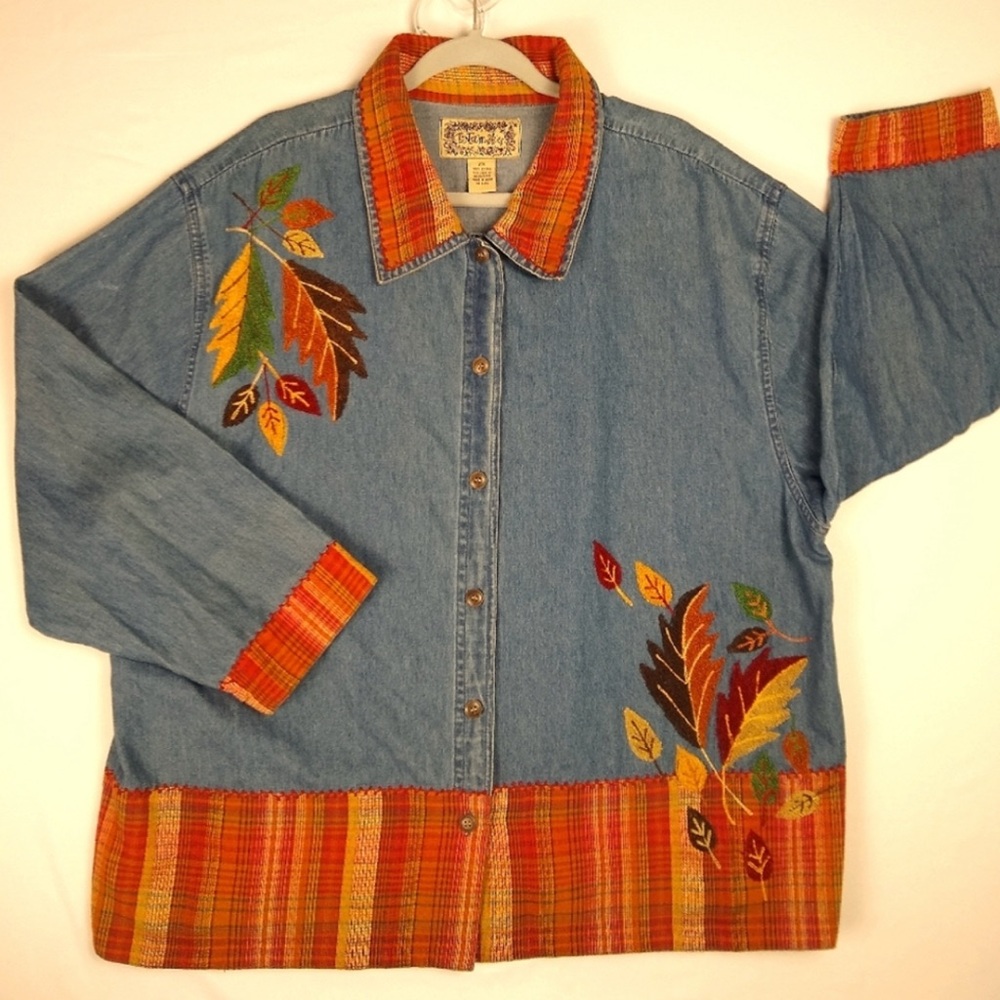 Embroidered Patchwork Denim Jean Jacket November Fall Colorful Leaf Designs